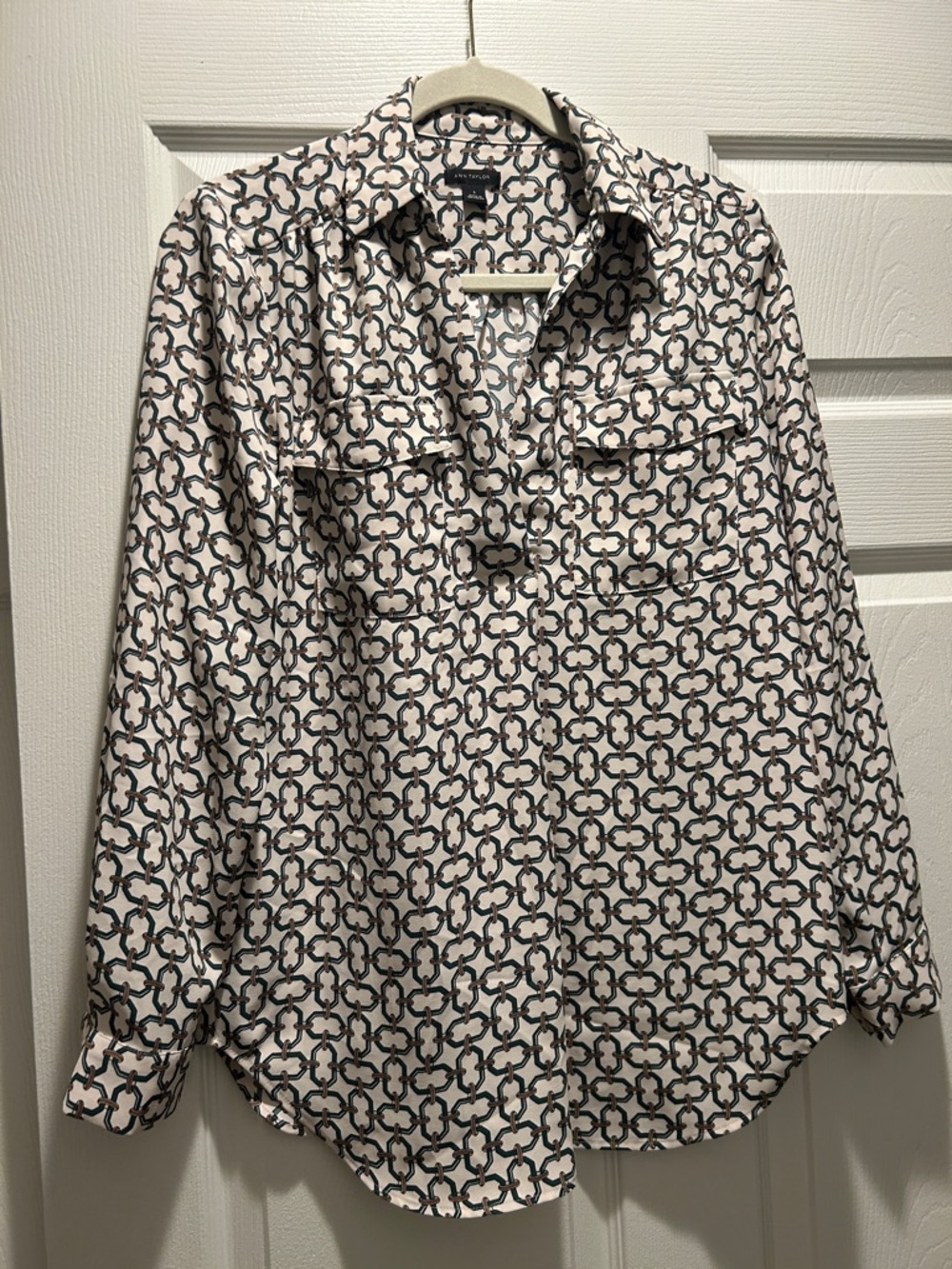 Ann Taylor Ivory and green Geometric Print Blouse